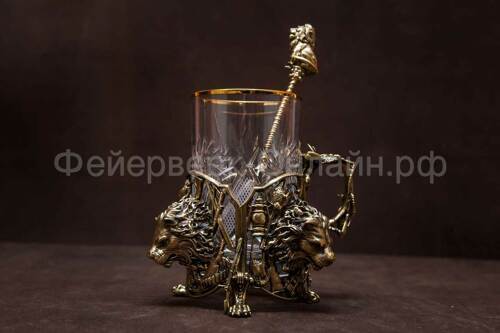 Подстаканник "Царь зверей" с хрустальным стаканом и ложкой